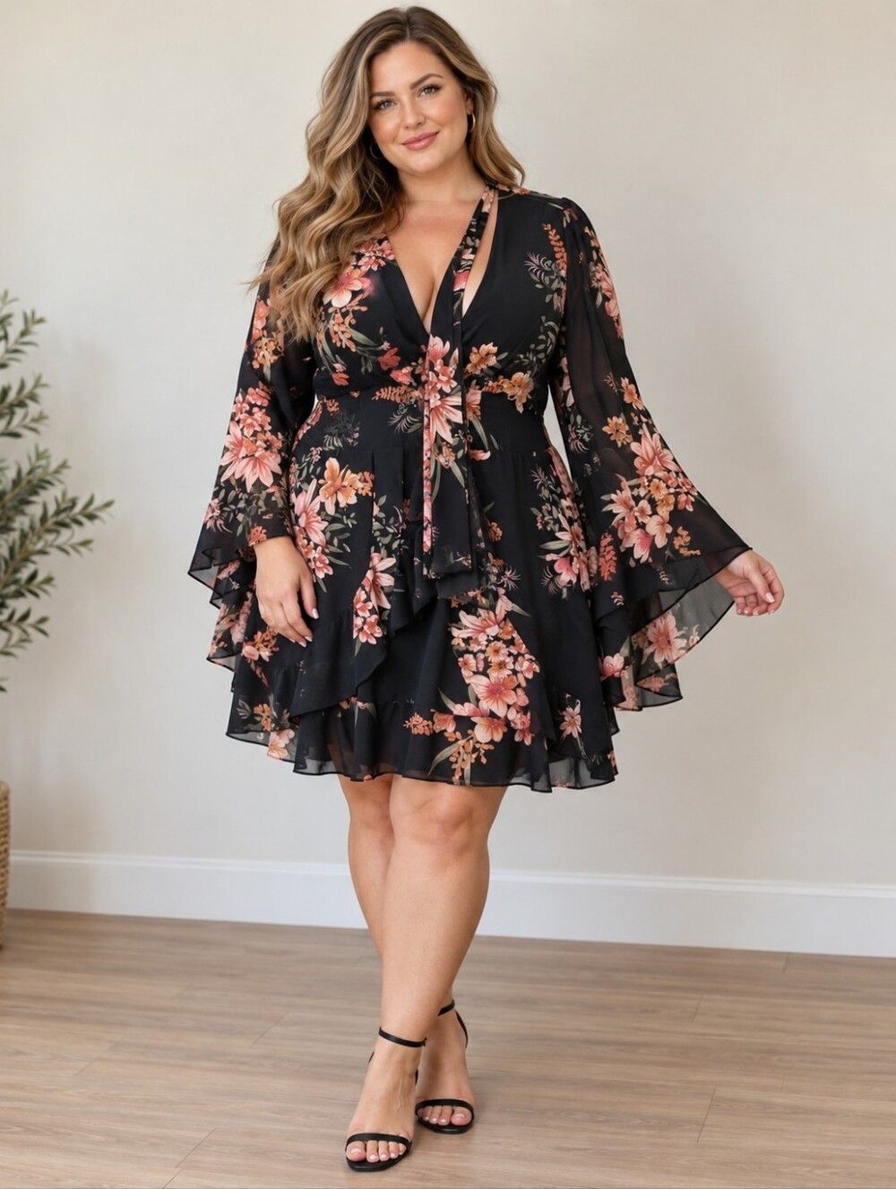 City Chic Black Floral Tie-Neck Ruffle Dress with Pink & Peach Blooms